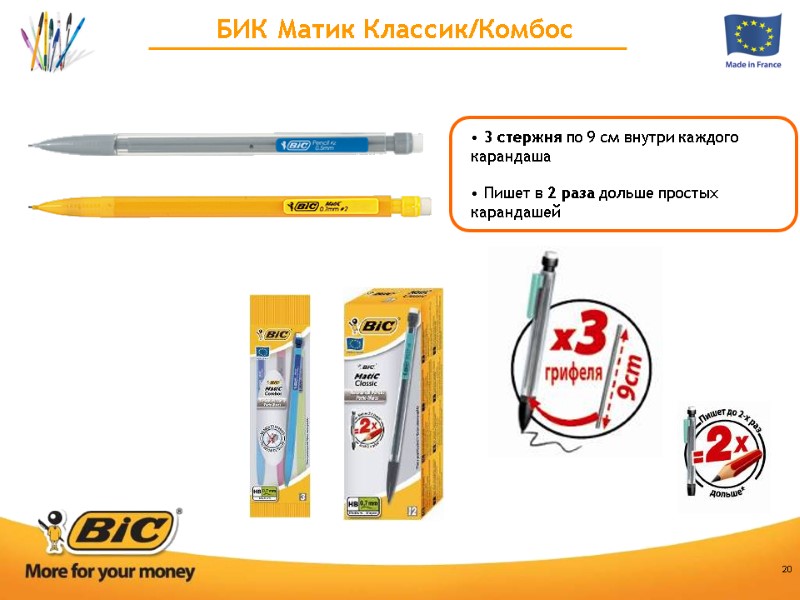 20 БИК Матик Классик/Комбос  3 стержня по 9 см внутри каждого карандаша 